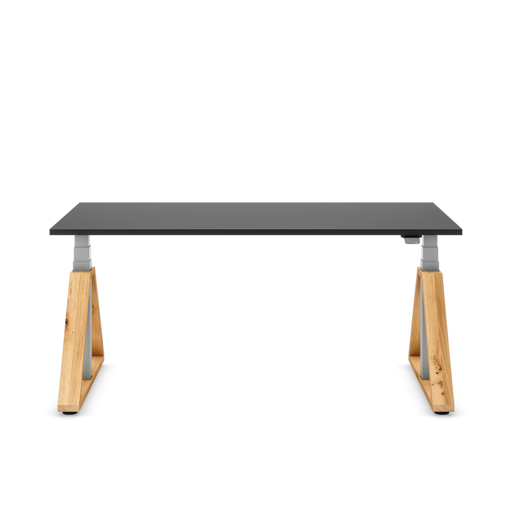 Höhenverstellbarer Schreibtisch Masterlift® Flex Loop-Edition, Holz Trapez, Schwarz Dekor/Silber 160x80