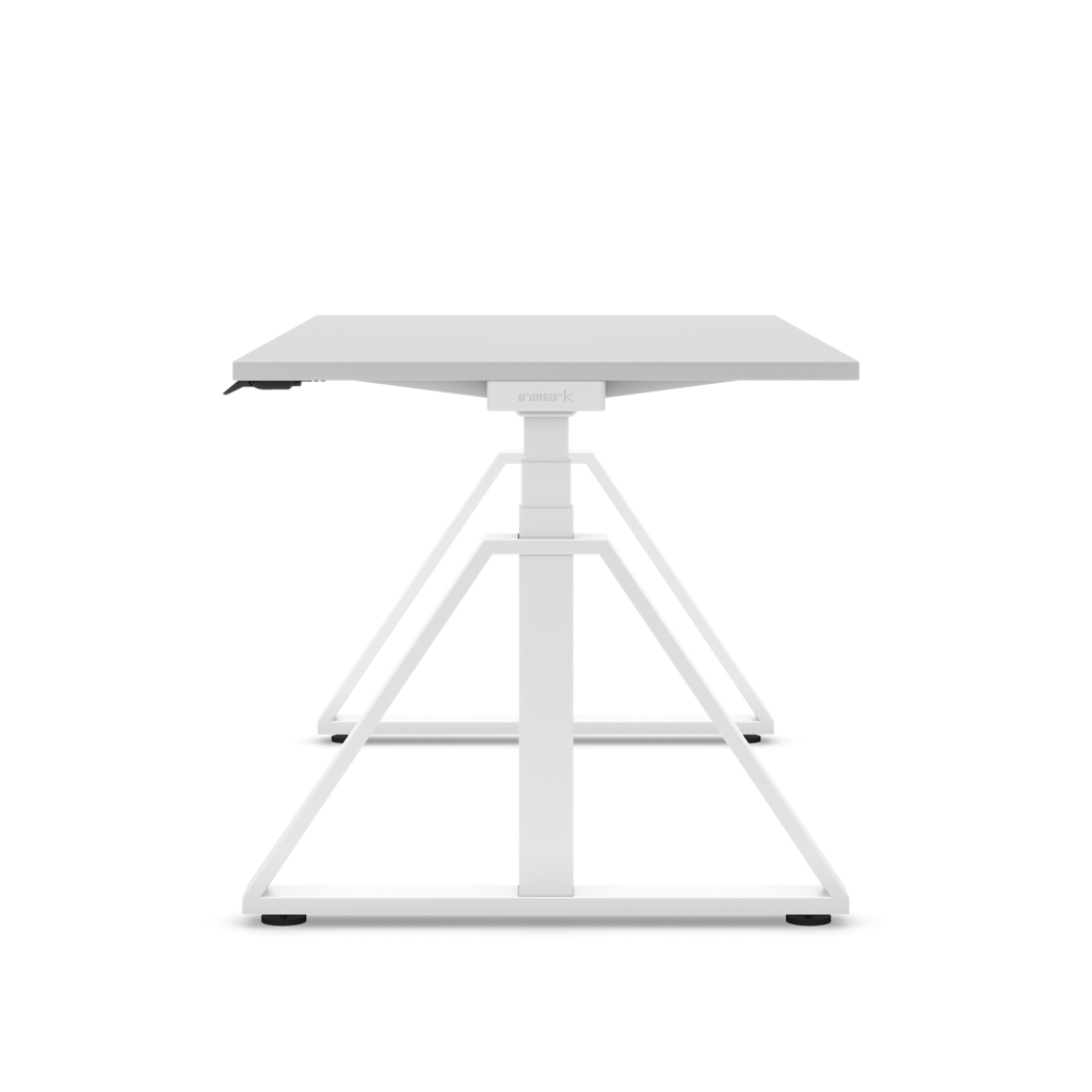 Höhenverstellbarer Schreibtisch Masterlift® Flex Loop-Edition, Stahl Trapez, Lichtgrau Dekor/Weiss 180x80