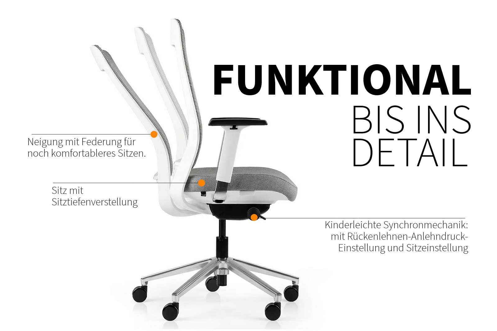 Inwerk Teamo® Original - Ergonomischer Bürostuhl, Weiß/Grau