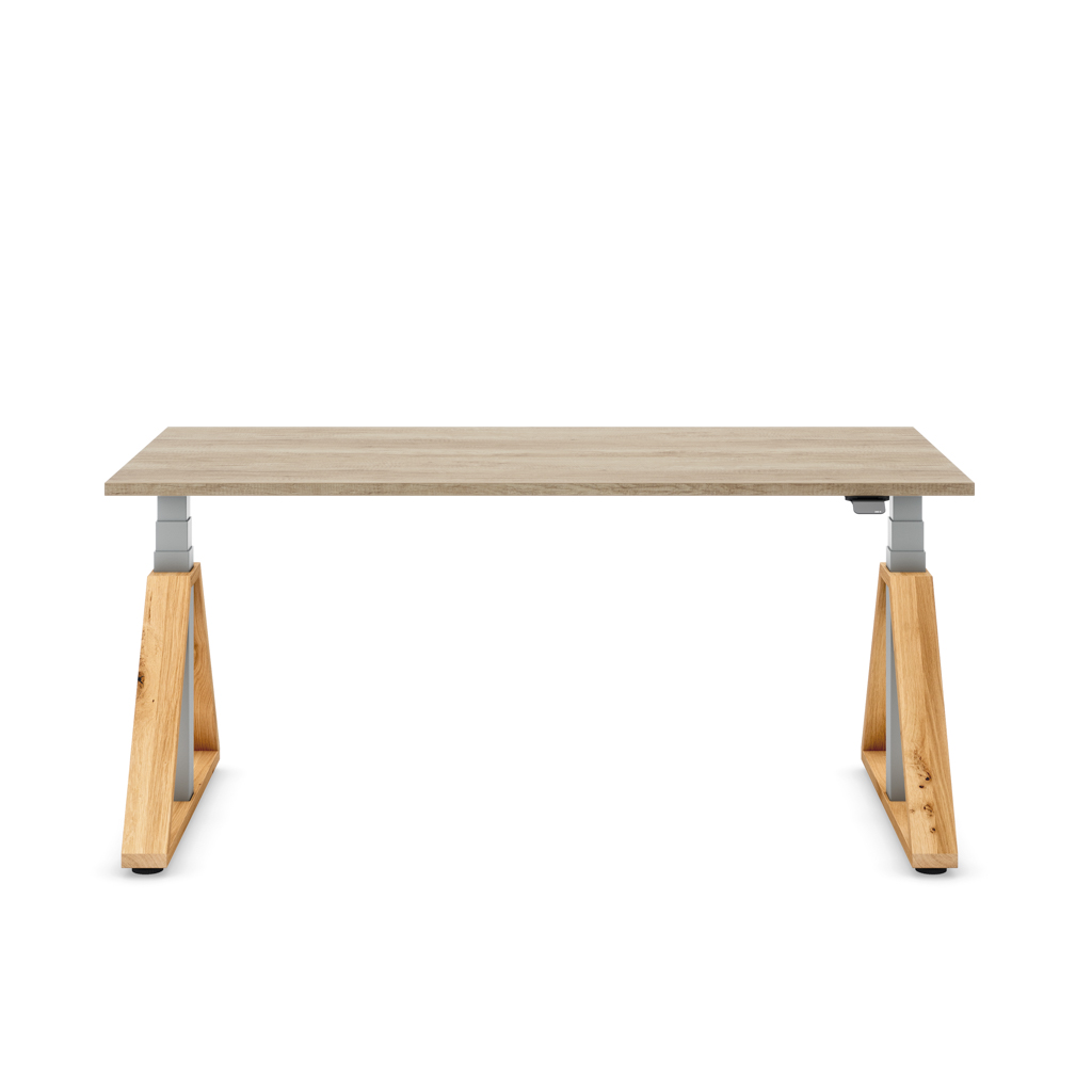 Höhenverstellbarer Schreibtisch Masterlift® Flex Loop-Edition, Holz Trapez, Eiche Dekor/Silber 180x80