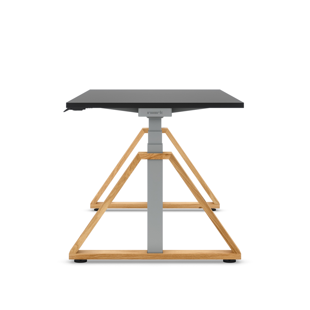 Höhenverstellbarer Schreibtisch Masterlift® Flex Loop-Edition, Holz Trapez, Schwarz Dekor/Silber 160x80