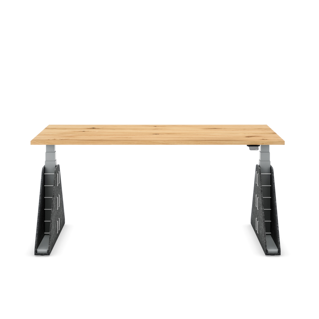 Höhenverstellbarer Schreibtisch Masterlift® Flex Akustix®-Edition, Trapez Dunkelgrau, Eiche Massivholz/Silber 180x80