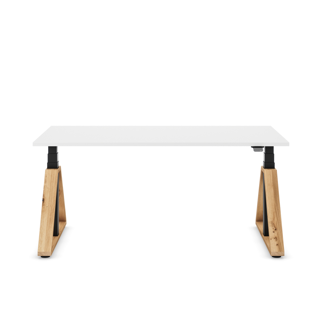 Höhenverstellbarer Schreibtisch Masterlift® Flex Loop-Edition, Holz Trapez, Weiss Dekor/Schwarz 120x80