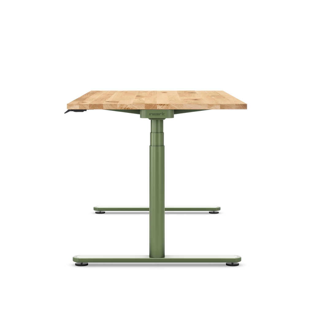 Höhenverstellbarer Schreibtisch Masterlift® Flex Basic rund, Eiche Massivholz/Resedagrün 160x80